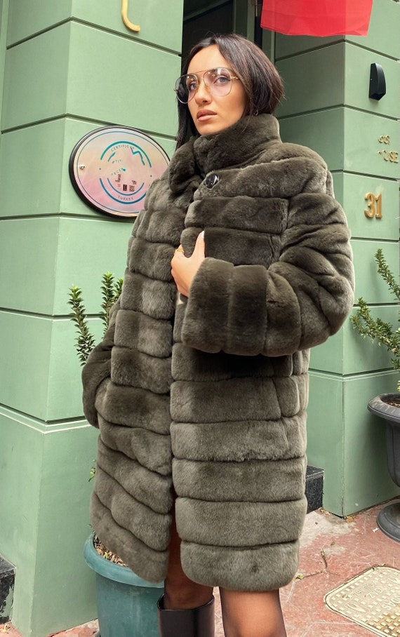 Rex Rabbit Fur Long Women's Coat. Oil Green Ultra Soft / 