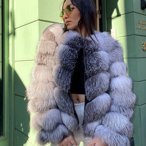 Gray Real Frost Fox Fur Jacket Women Winter Bomber Fox Fur Coat Women ...