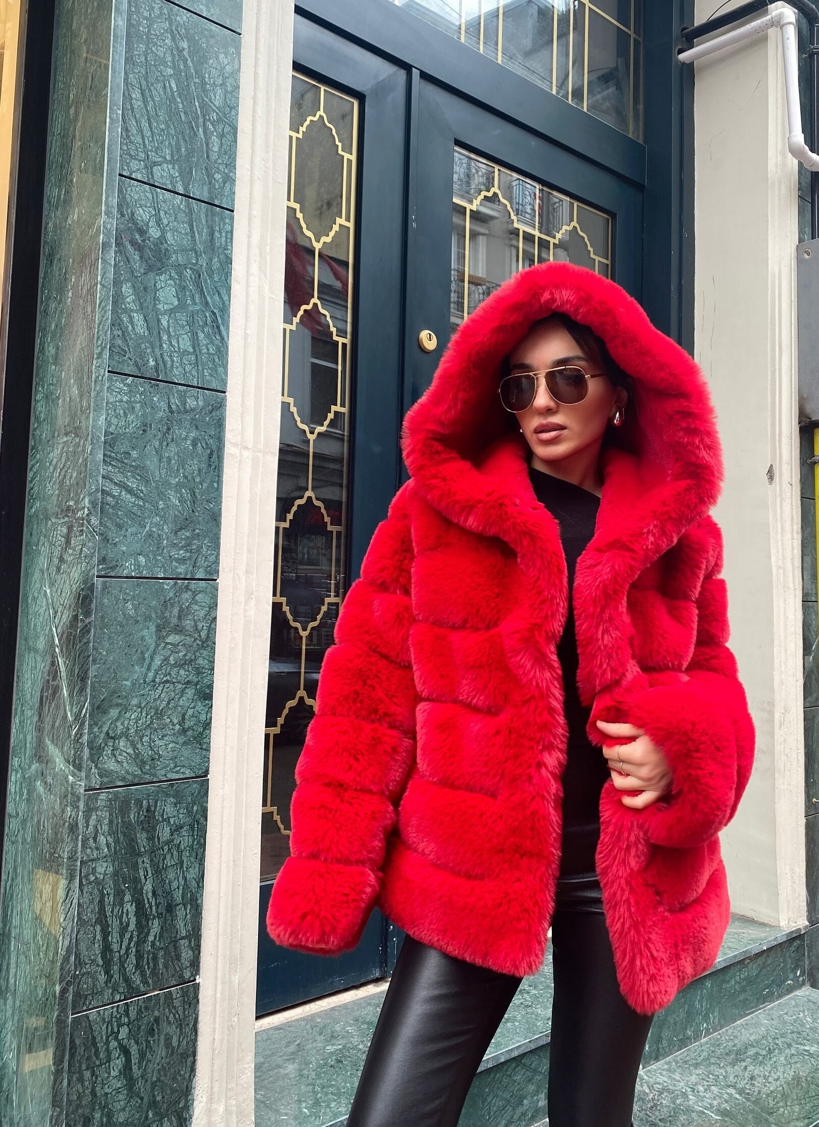 Red Faux Fur Coat -  Canada