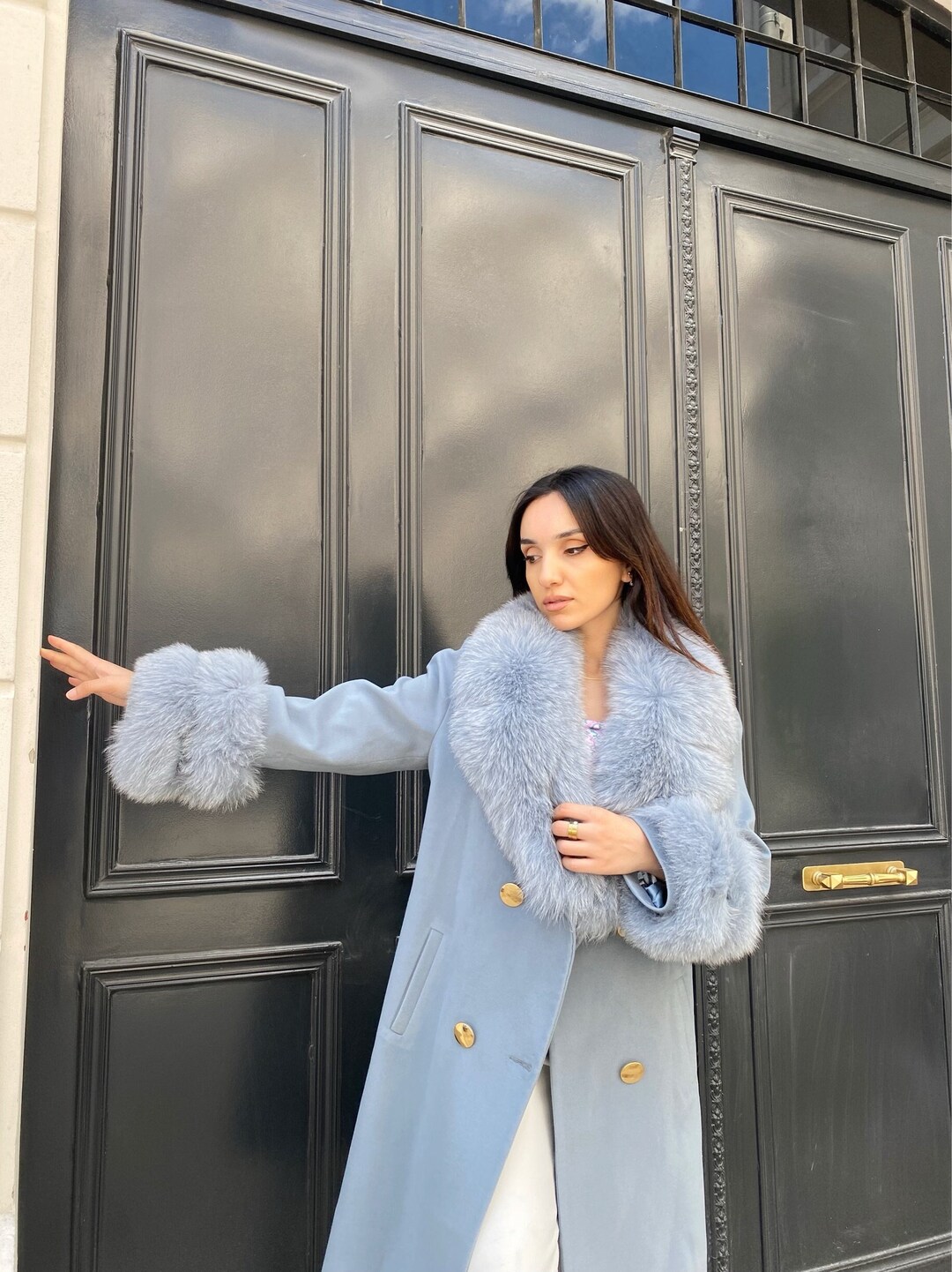 Long Coat, Cashmere Winter Coat With Real Fox Fur, Removable Furs Coat, Light Baby Blue Wool