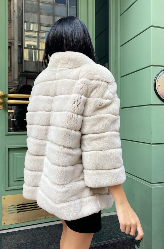 Real Fur Coat-rex Rabbit Fur Long Beige Women's Coat. Rex Rabbit Jacket  Real Fur Coat Rabbit Fur Coat / Overcoat, Real Fur Coat, 200 