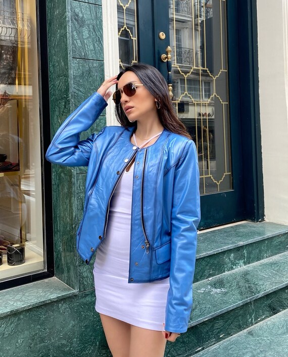 Chaqueta de cuero azul mujer 100 cuero de cordero real chaqueta