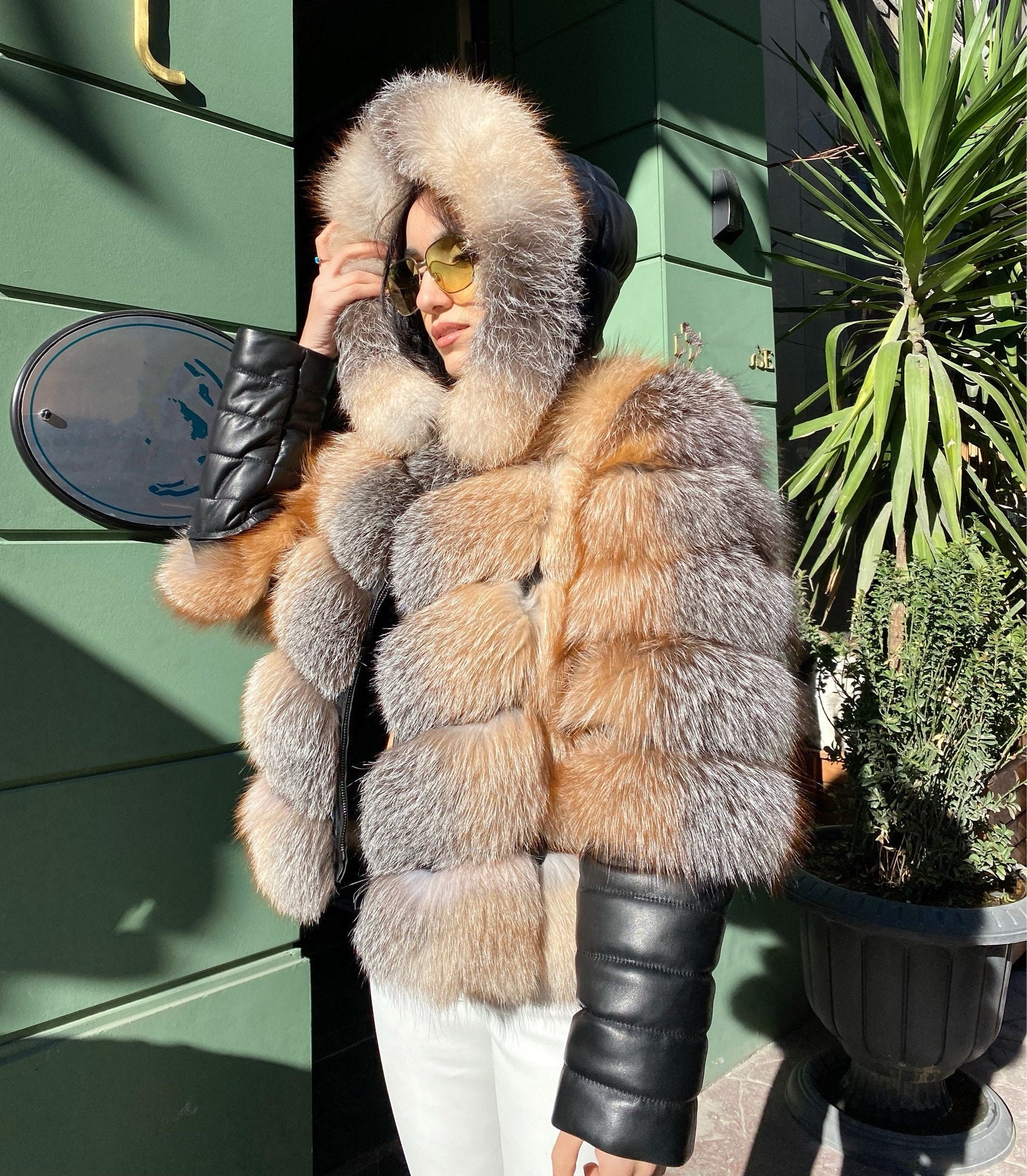 Damen Schaffell Ledermantel mit großer Echt fuchs Pelz kragen Jacke  pelzigen Winter flauschige Luxus warme Slim