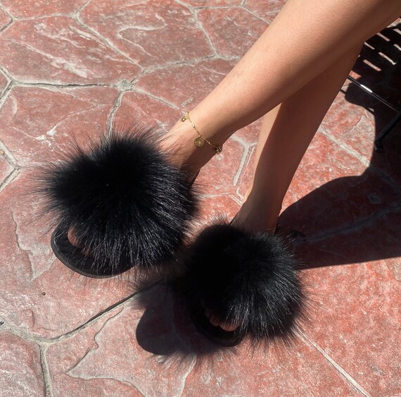 Black Fur Slides Fur Slides for Women Fox Fur Slides.real Fox