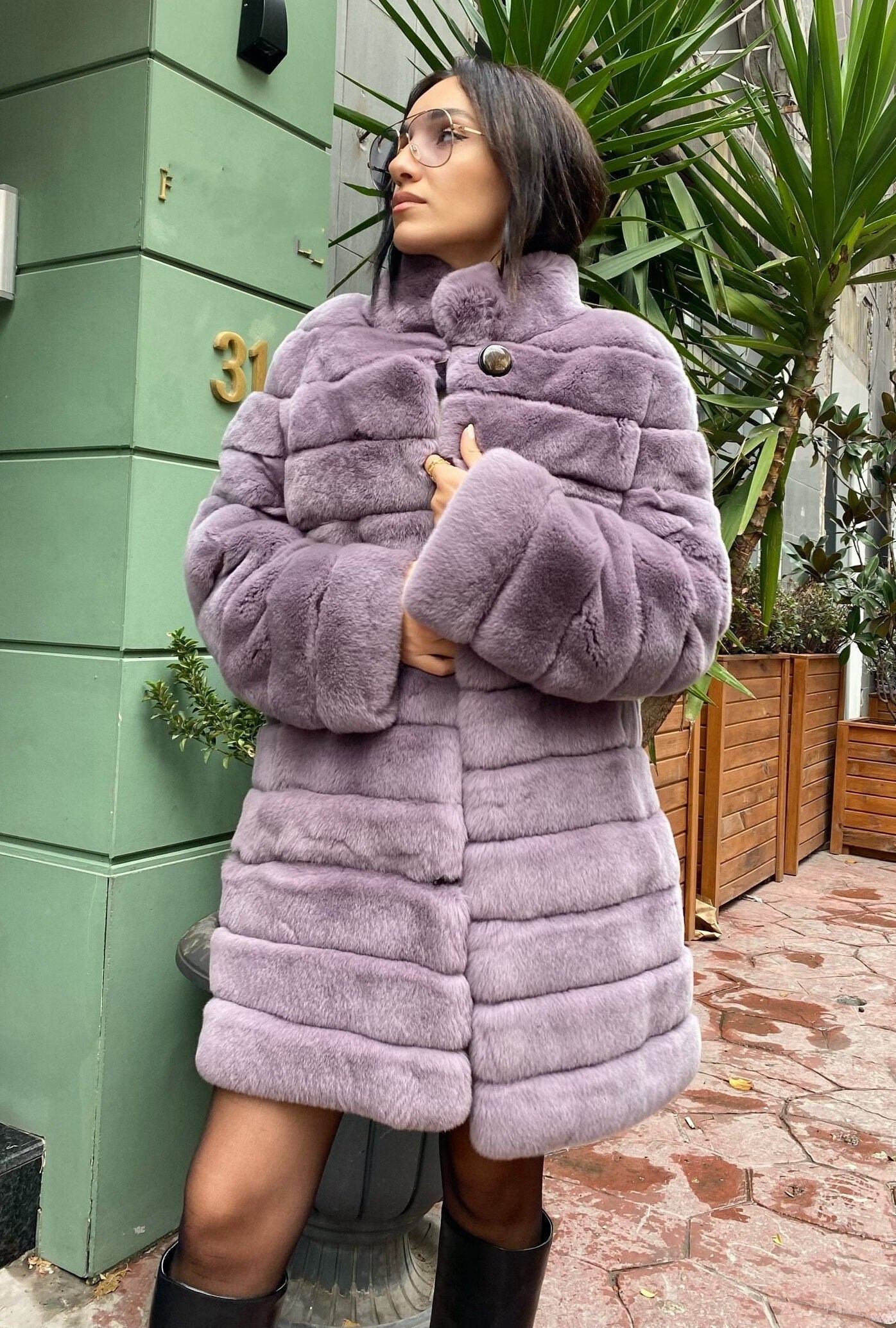 Long rabbit fur coat sale