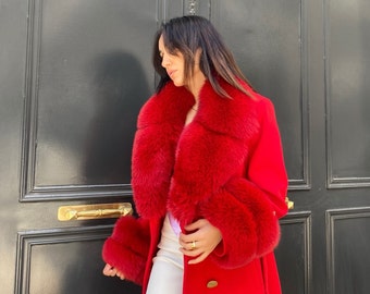 Bright red fur clearance coat