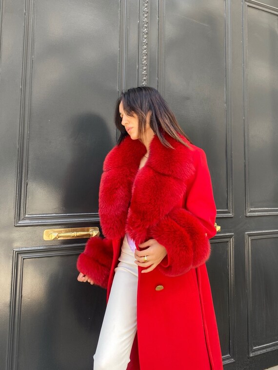 Women Real Fox Fur Lapel Coat Winter Full Pelt Warm Jackets Red Cropped  Outwear