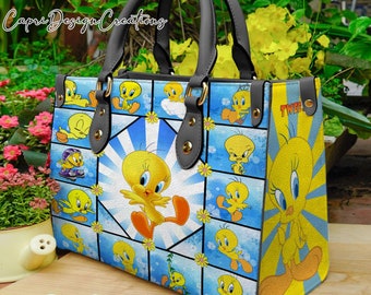 Bolso de cuero vintage Tweety Bird, bolso de hombro de cuero Tweety Bird, bolso de mango superior Tweety Bird, bolso vintage, bolso bandolera personalizado