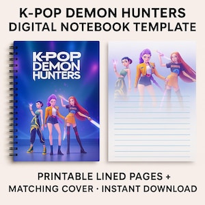 Mall för digital anteckningsbok för K-Pop Demon Hunters – Utskrivbara linjerade sidor och matchande omslag – Direkt nedladdning för dagbok, planerare eller skoltidning
