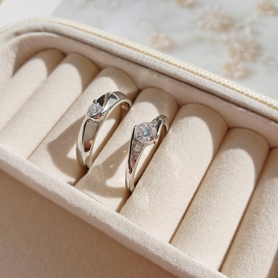 Matching Couple Ring, Minimal 925 Sterling Silver Gemstone Engaged