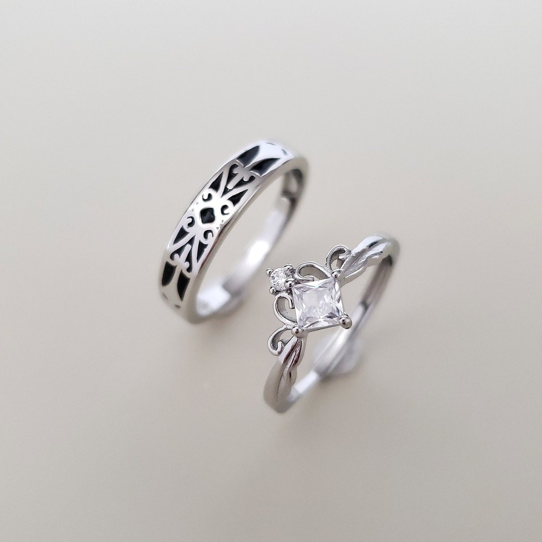PRINCESS AND KNIGHT Matching Couple Rings, Silver Engaged Diamond ...