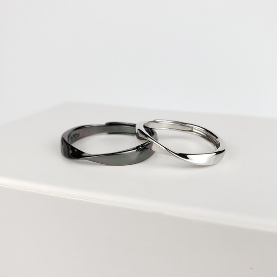 Black and Silver Matching Couple Rings Minimalist Twist Rings