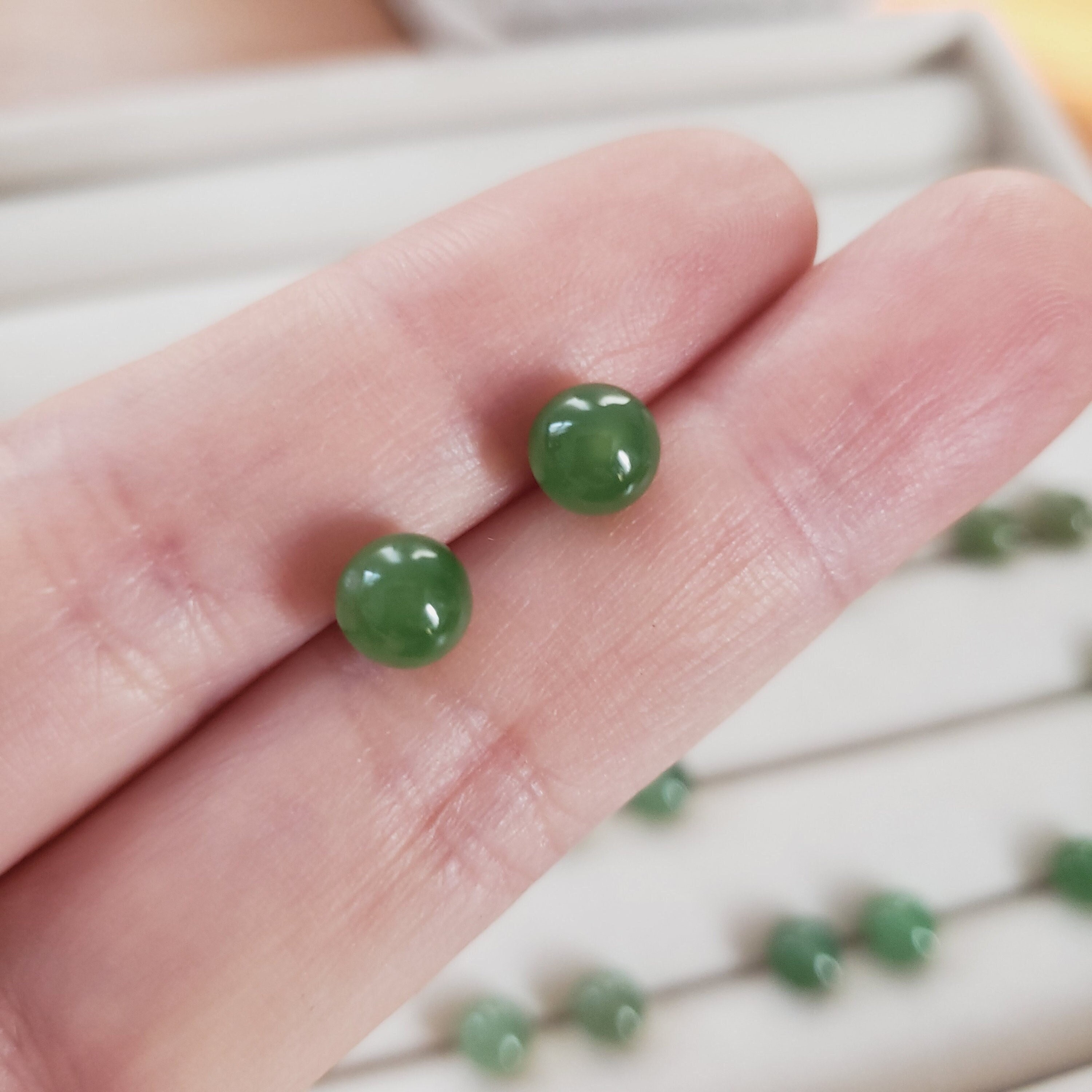 Titanium Stud Earrings Nephrite Jade Gemstone / 5mm Cabochon 