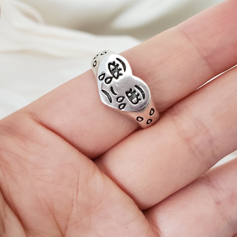 Silver Fun Face Ring Love Heart Rings Cartoon Face Emoji Sad Face Ring Black Heart Ring Signet Ring Crying Ring Silver Adjustable Ring 