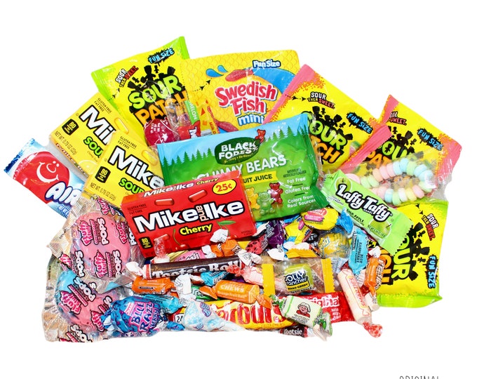 Mixed candy box ~ Sample size packs ~Sold by the pound ~Sour Sweet and gummy candy care package ~Shop Etsy's most popular candy shop!