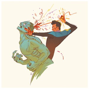 May include: A digital illustration depicting a dark-haired figure in a black and blue suit striking a green, scaled humanoid creature. The creature has sharp claws and a textured back. Red energy bursts from the point of impact, with YM 2021 text.