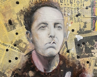 Joe Strummer original artwork, mixed media collage and oil painting The Clash Punk Signed baby Artist, Artwork wall art home decor