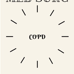 Può includere: Grafica in bianco e nero con il testo "Nursing by Brooke" e "Med Surg" in un carattere grande. Il testo "COPD" è in un carattere più piccolo e circondato da linee che si irradiano verso l'esterno.