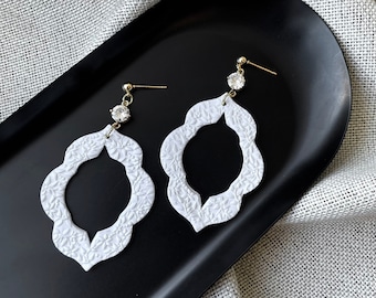 Modern Earrings | Crystal White Embossed Floral Clay Dangles | Gifts for Women & Friends | Party Elegant Minimal Aesthetic | Hypoallergenic