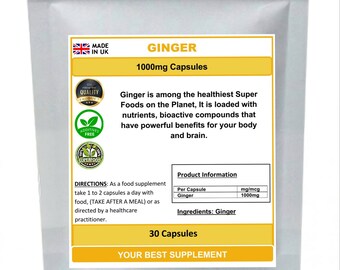 Capsule di radice di zenzero 1000 mg 100% pure (integratore ad alta potenza)