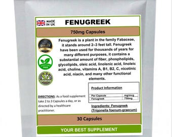 Fenugreek capsules 750mg 100% natural (no additive no fillers) high strength