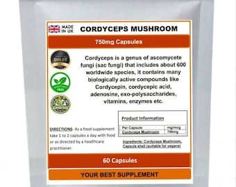 Cordyceps mushroom capsules 750mg (high strength) pure, no additives, no fillers