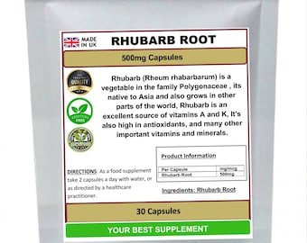RHUBARB ROOT Capsules 500mg 100% Pure No Additives, High Strength