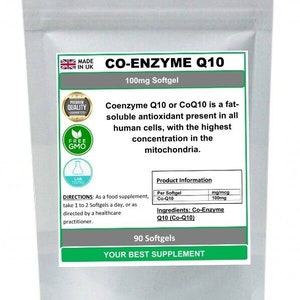 May include: A white pouch with green and red accents. The pouch contains 90 softgels of Co-Enzyme Q10, a 100mg supplement. The pouch has a label that says "Made in UK" and features a "Premium Quality" and "Free GMO" logo. The label also includes product information and directions for use.