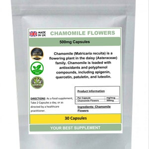 May include: A white bag with a green label that says "Chamomile Flowers 500mg Capsules". The label also includes information about the product, such as the ingredients and directions for use. The bag is made in the UK and is a superfood.