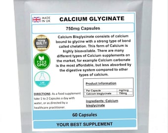 Calcium glycinate capsules 750mg ( high strength ) premium quality, no fillers