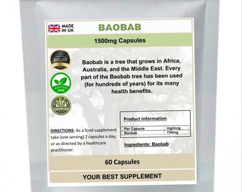 Baobab Capsules 1500mg 100% Pure Superfood, (Pure no additives) High strength