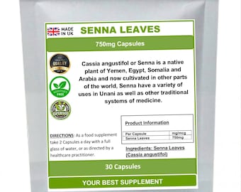 Senna Leaves Capsules 750mg 100% Natural pure no additives (Cassia angustifol)