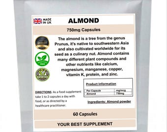 Almond capsules 750mg 100% natural super-food, ( high strength) pure