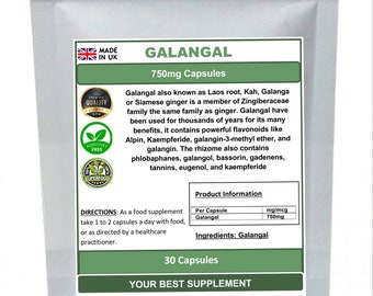 Galangal Capsules 750mg 100% Natural pure no additives (High Strength)