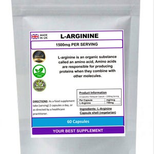 May include: A silver pouch of L-Arginine capsules. The label reads "L-ARGININE 1500mg PER SERVING" and "60 Capsules". The product is made in the UK and is a food supplement. The label also states the product is additive-free.