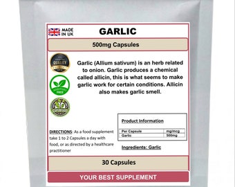 Garlic Capsules 500mg 100% Natural Pure ( No Additives or Fillers)
