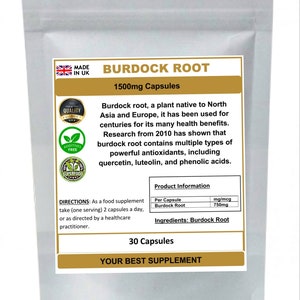 May include: A gold and white pouch with a label that reads "Burdock Root 1500mg Capsules". The label also includes information about the product, such as directions for use, ingredients, and product information. The pouch is a dietary supplement.
