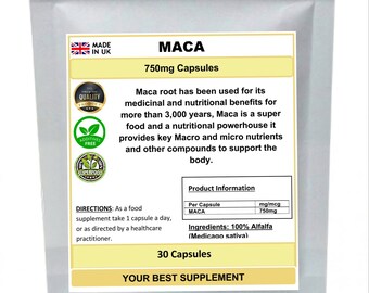 Maca 750mg Capsules [Peruvian Ginseng] High Strength Supplement 100% Natural