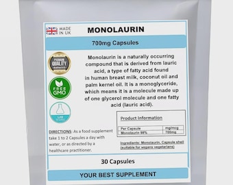 Capsule di Monolaurin 700 mg (ad alta concentrazione) pure, senza additivi, senza riempitivi 98%