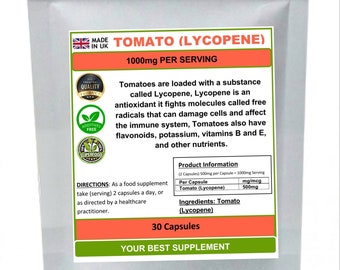 Tomato Capsules 1000mg 100% Natural Lycopene (Pure no additives) High strength