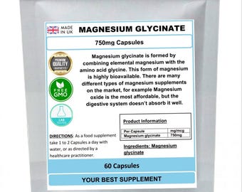 Magnesium glycinate capsules 750mg ( high strength ) premium quality, no fillers