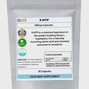 Cápsulas de 5HTP 600 mg (alta potencia) 5HTP, sin aditivos, sin rellenos, 100% natural