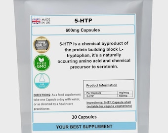 Cápsulas de 5-HTP 600mg (alta potência) 5-HTP, sem aditivos, sem excipientes, 100% natural