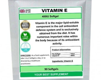 May include: A white pouch with a green label that says "Vitamin E 400IU Softgel". The label also includes information about the product, such as directions for use, ingredients, and product information. The pouch is labeled as "Your Best Supplement".