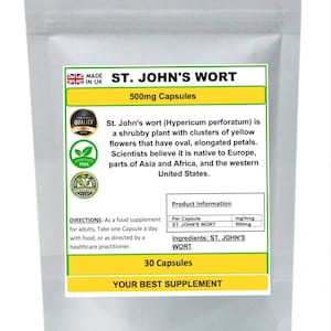 May include: A white bag with a yellow label that says "ST. JOHN'S WORT 500mg Capsules". The label also includes information about the product, such as its ingredients and directions for use. The bag is a supplement product.