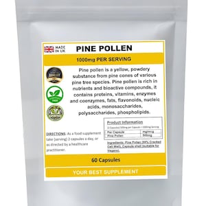 May include: A yellow bag of Pine Pollen supplement capsules. The bag has a label with the product name, serving size, and ingredients. The label also includes a product information section with details about the capsule size and ingredients. The bag is made in the UK and is a superfood.
