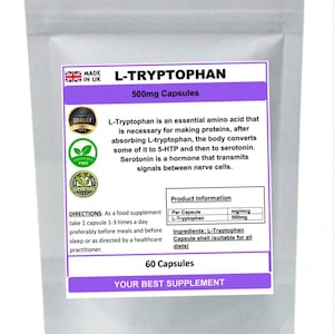 L-tryptophan capsules 500mg (high strength) pure, no additives, no fillers