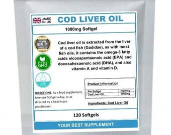 May include: A white pouch with a blue label that says "Cod Liver Oil 1000mg Softgel". The label also includes information about the product, such as the ingredients and directions for use. The pouch contains 120 softgels.