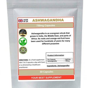 Ashwagandha root capsules 750mg 100% pure superfood image 1