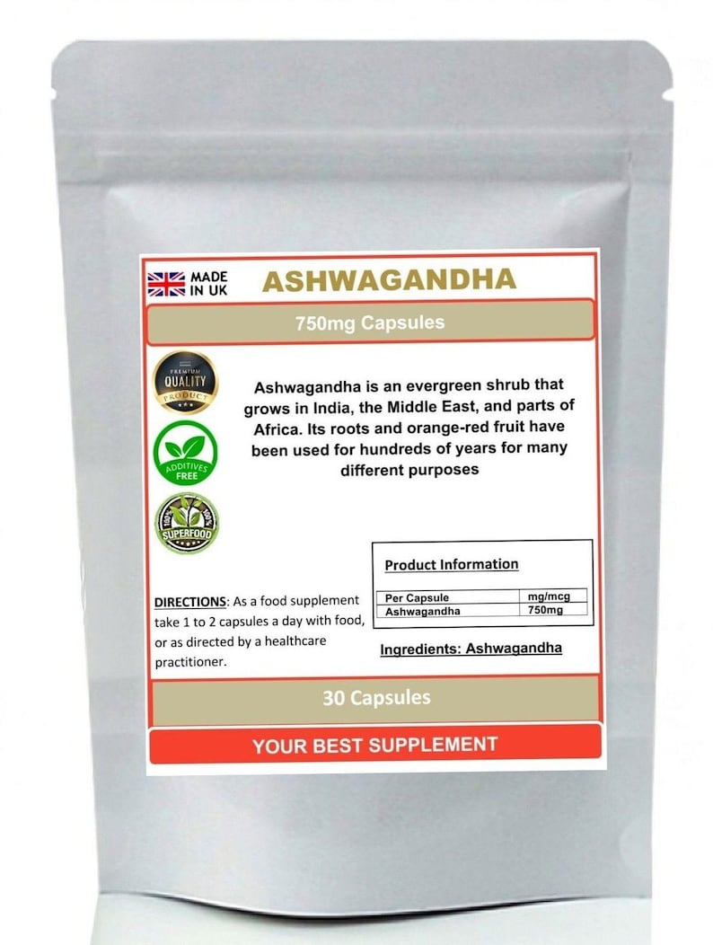 Ashwagandha root capsules 750mg 100% pure superfood image 1